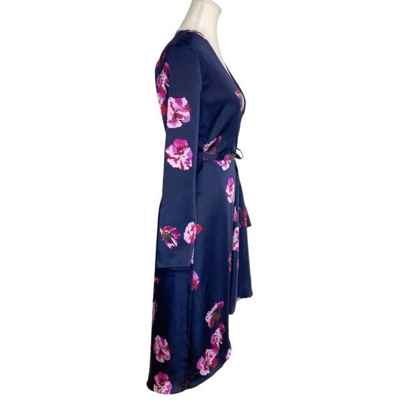 JOIE MILTONA NAVY SATIN PINK FLORAL SHORT SLEEVE WRAP DRESS - XS - Picture 4 of 12